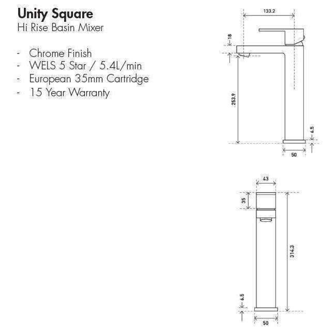 Aspire Unity Square Hi Rise Vessel Mixer Chrome