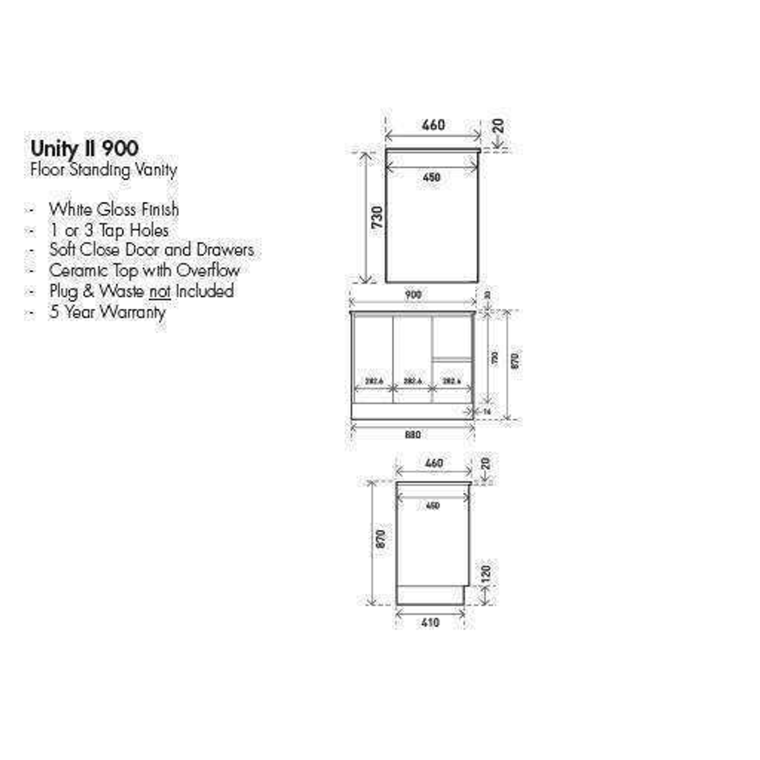 Aspire Unity II 900 Vanity Floor 1 Tap Hole C/W Sq Ceramic Top Whit Rh Draw