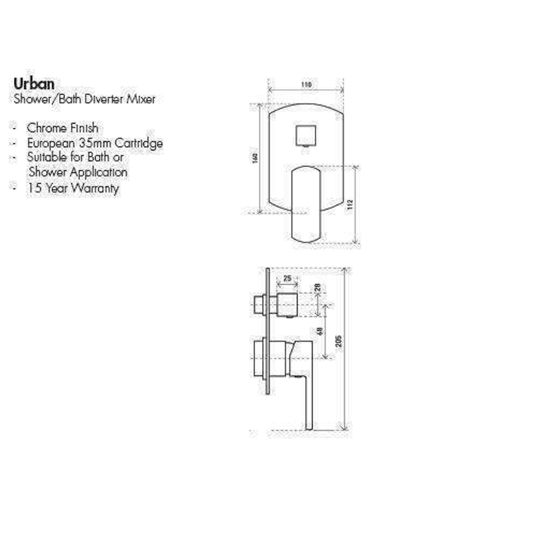 Aspire Urban Shower/Bath Mixer With Diverter C/P