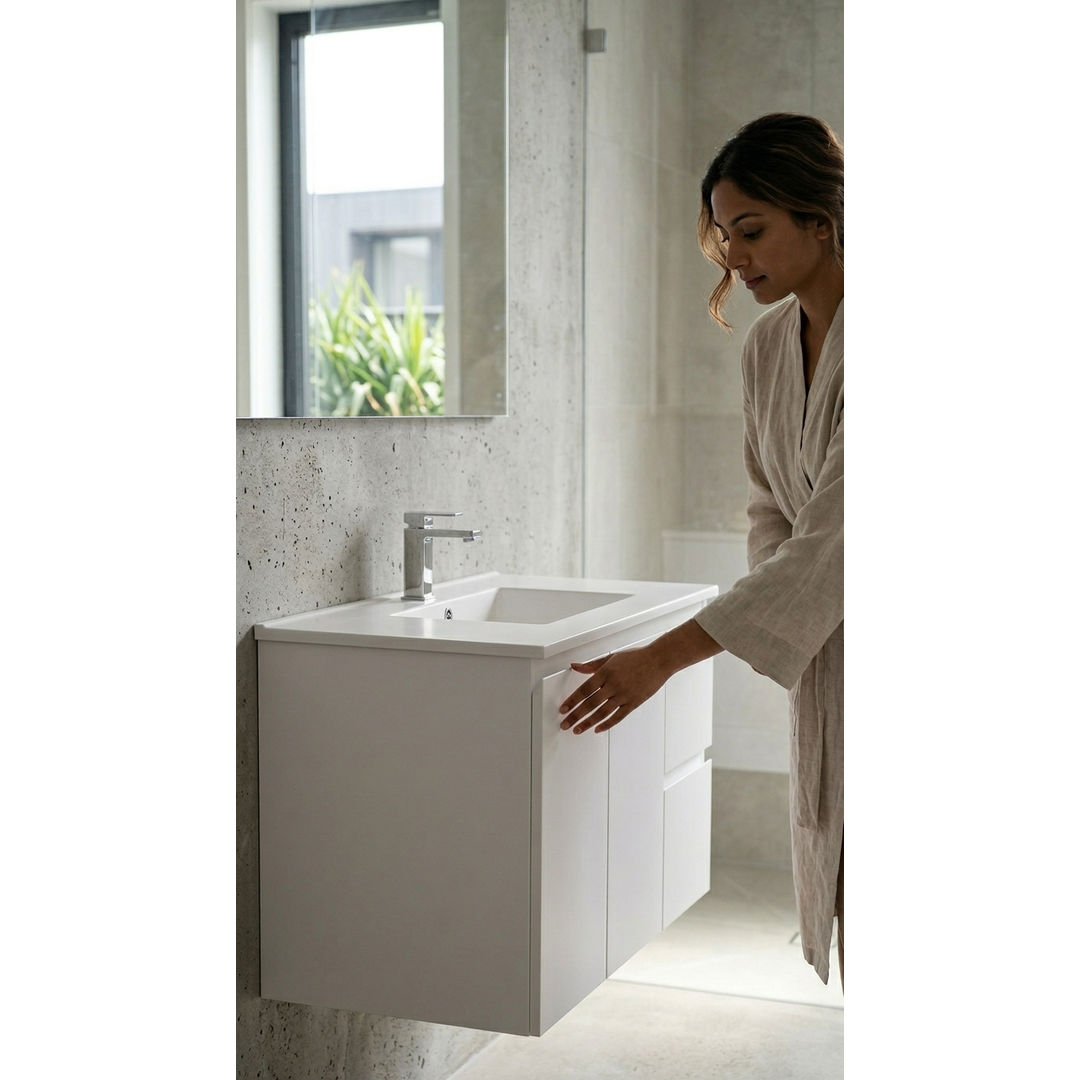 Aspire Unity II 900 Wall Hung Vanity 1 Tap Hole C/Q Sq Ceramic Top White