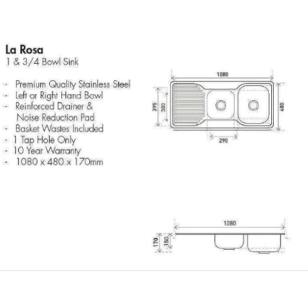Aspire La Rosa 1 3/4 Bowl 1080X480 S/Steel Sink 1 Tap Hole Right Hand B