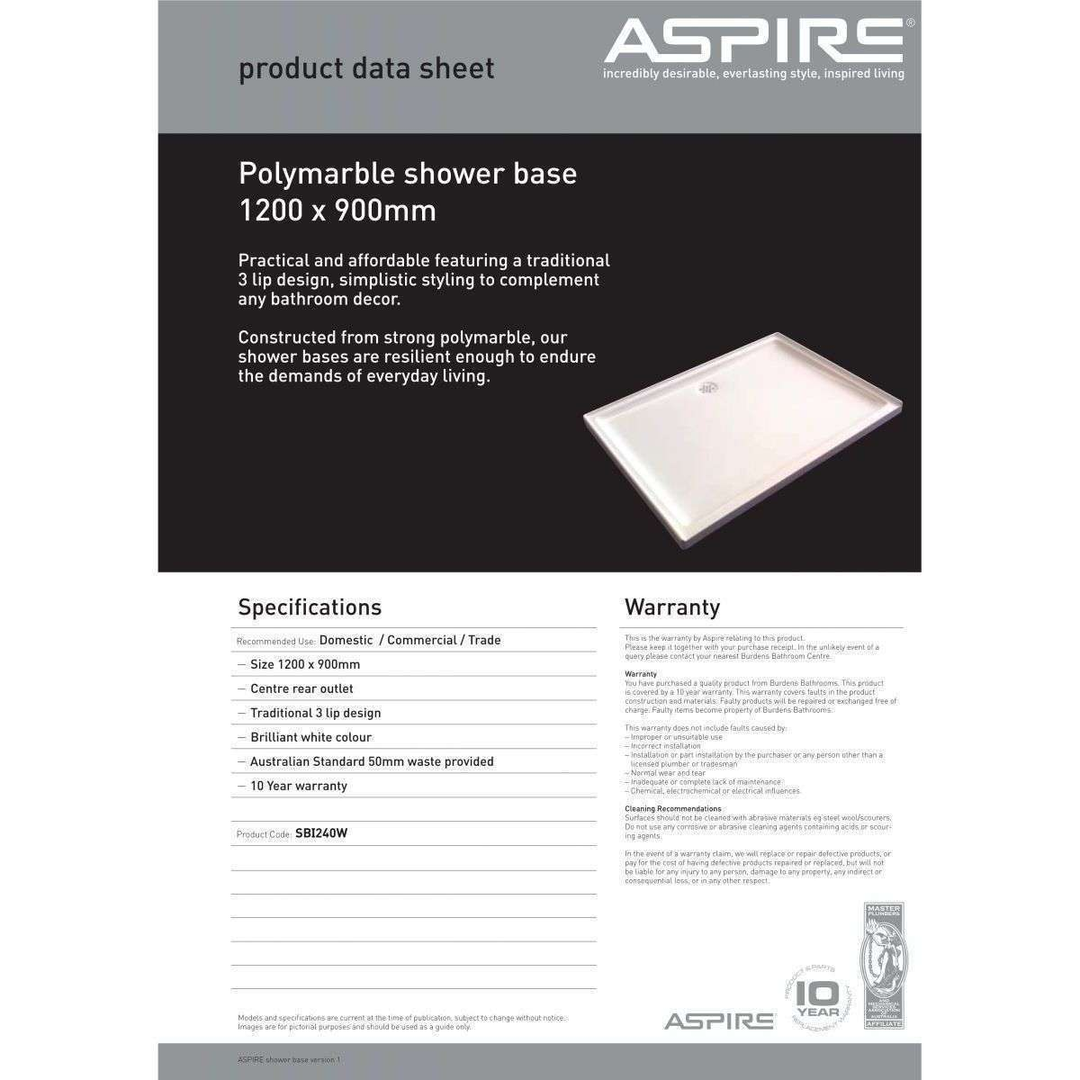 Aspire Shower Base 1200 X900 Poly Centre R/Outlet White
