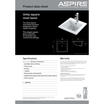 Aspire Unity Square Inset Basin White 1 Tap Hole 425 X 425 X 170