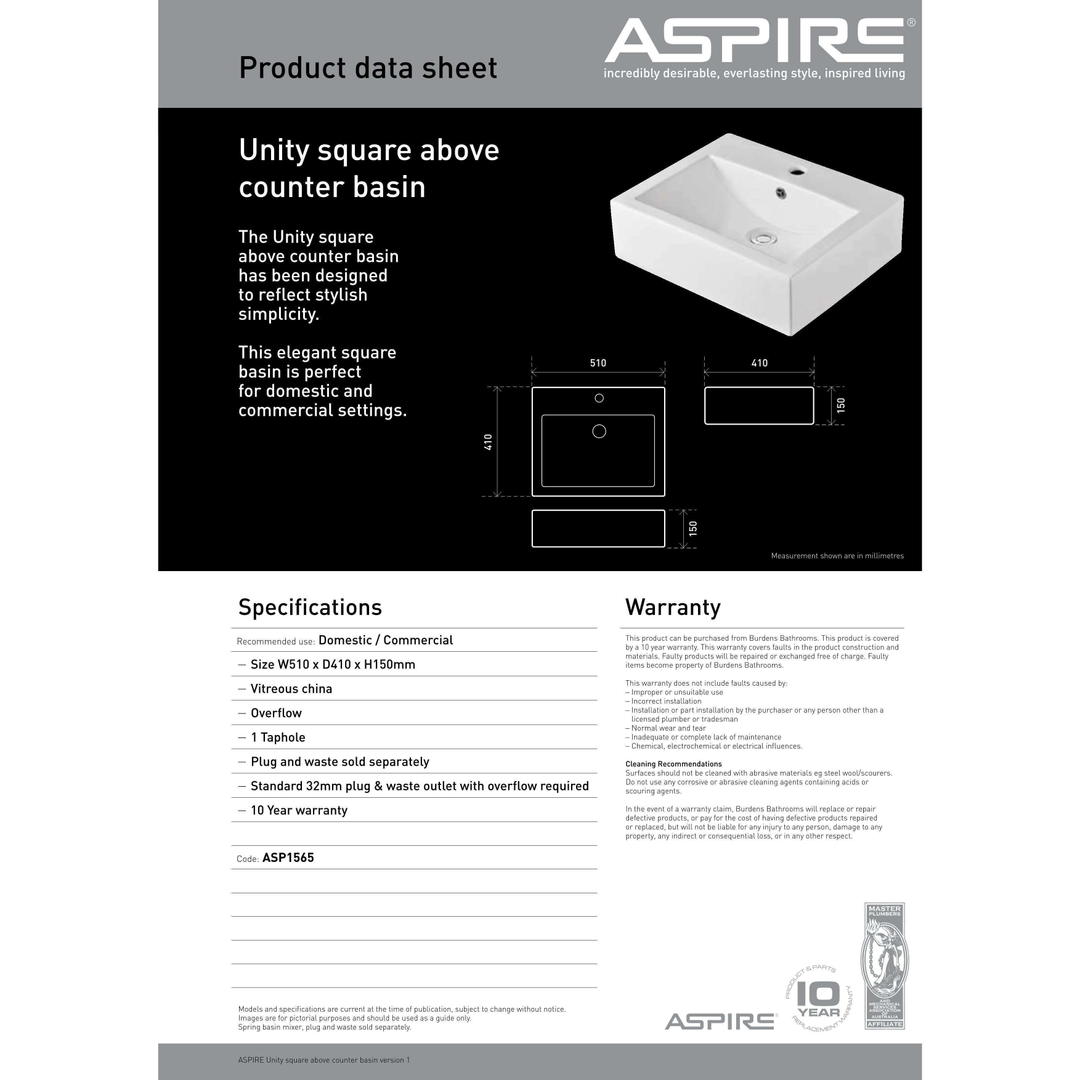 Aspire Unity Square Above Counter Basin White 1 Tap Hole 510X410