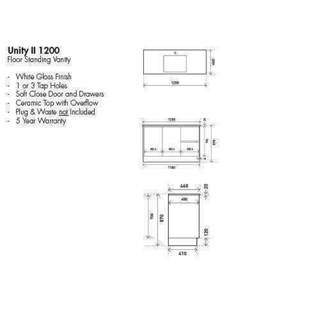 Aspire Unity II 1200 Vanity 1 Tap Hole Floor C/W Sq Ceramic Top White
