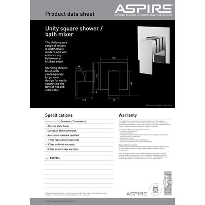 Aspire Unity Square Shower/Bath Mixer Chrome