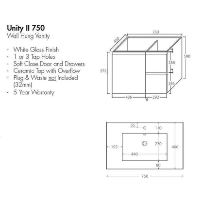 Aspire Unity II 750 Vanity 1 Tap Hole W/Hung C/W Sq Ceramic Top White