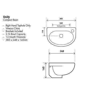 Aspire Unity Compact Wall Hung Basin 383X248 1 Tap Hole Rhs White