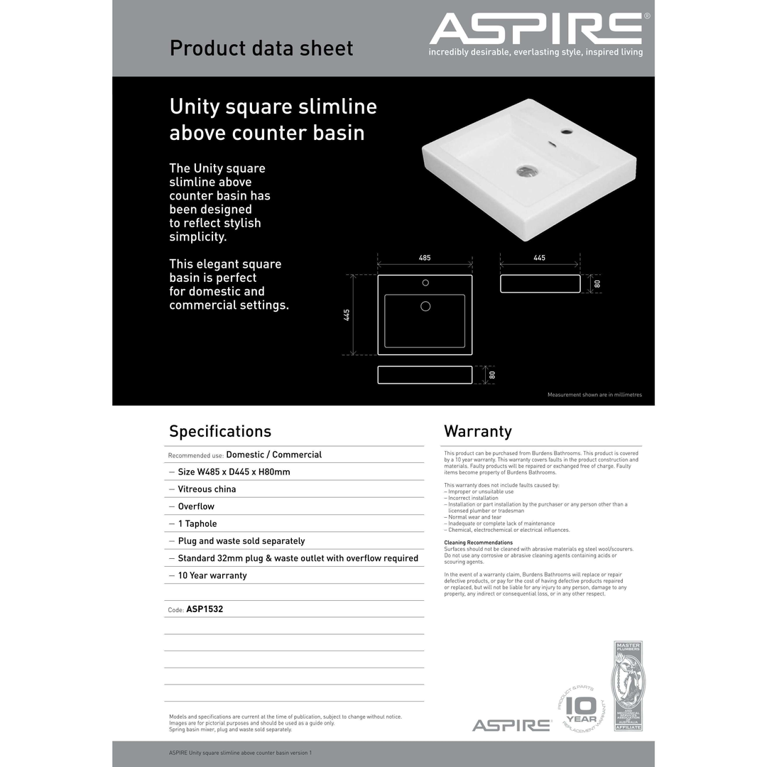 Aspire Unity Square Slimline Above Counter Basin 1 Tap Hole  7078