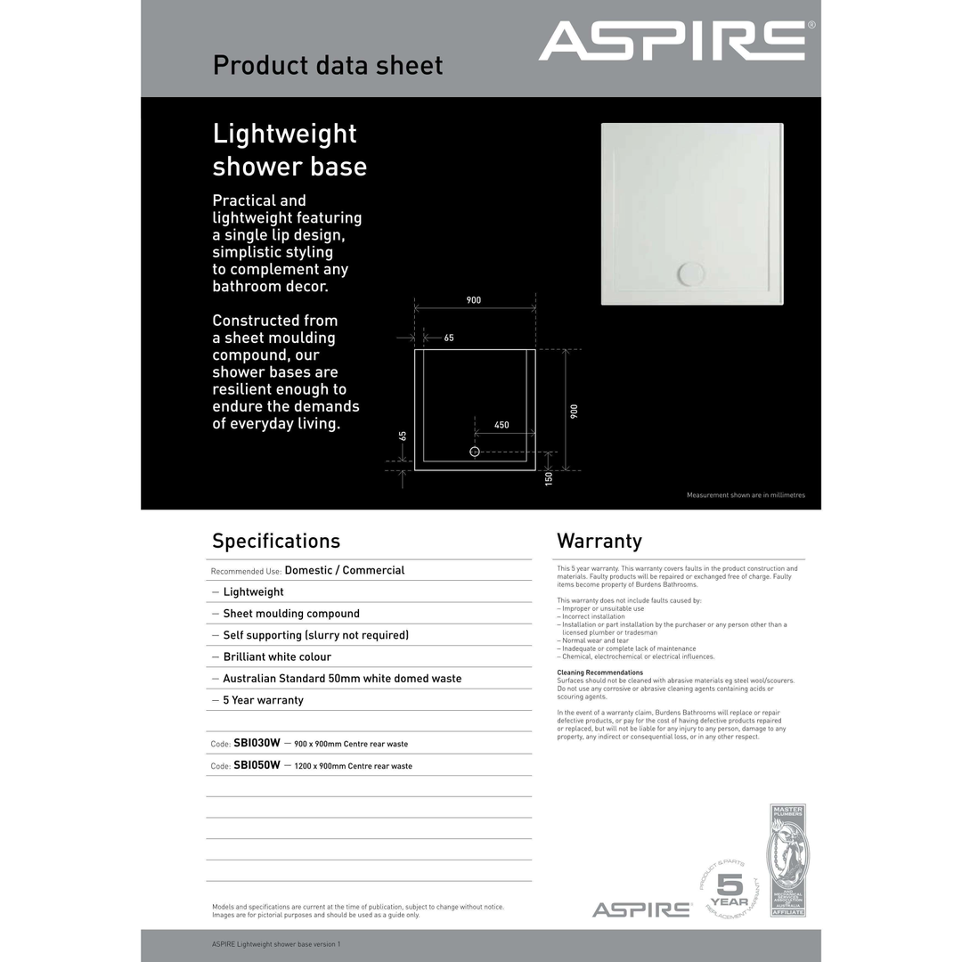 Aspire Lightweight Shower Base 900X900 Smc Cntr R/Outlt White