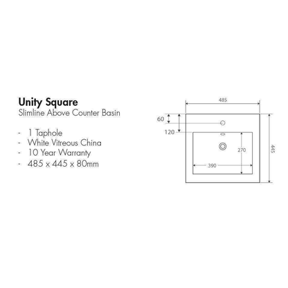 Aspire Unity Square Slimline Above Counter Basin 1 Tap Hole  7078