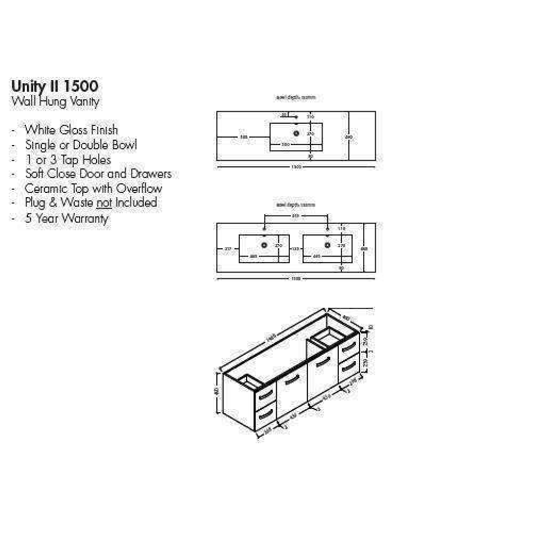 Aspire Unity II 1500 S/Bowl Vanity W/Hung China Top  White 1 Tap Hole