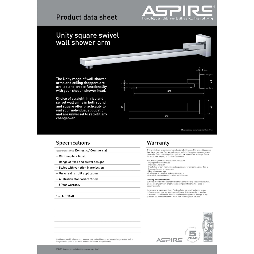 Aspire Unity Shower Wall Arm Swivel Square Chrome
