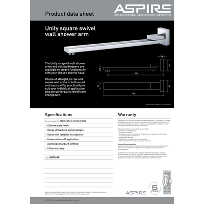 Aspire Unity Shower Wall Arm Swivel Square Chrome