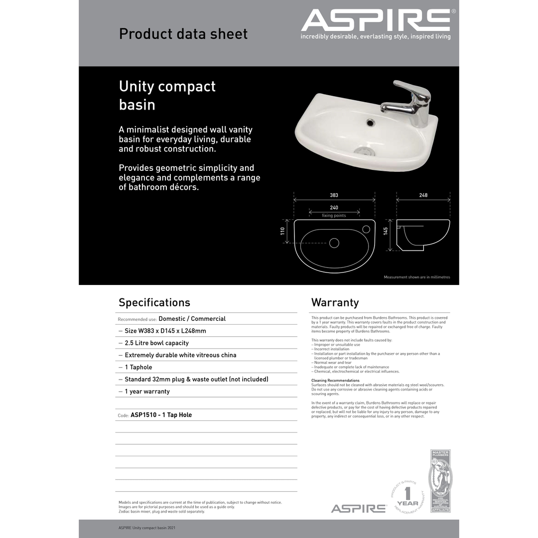 Aspire Unity Compact Wall Hung Basin 383X248 1 Tap Hole Rhs White