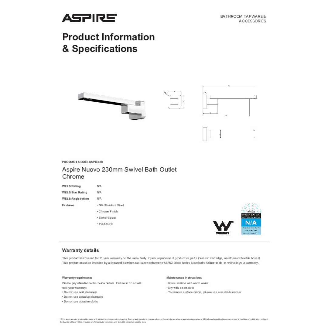 Aspire Nuovo 230Mm Swivel Bath Outlet Chrome