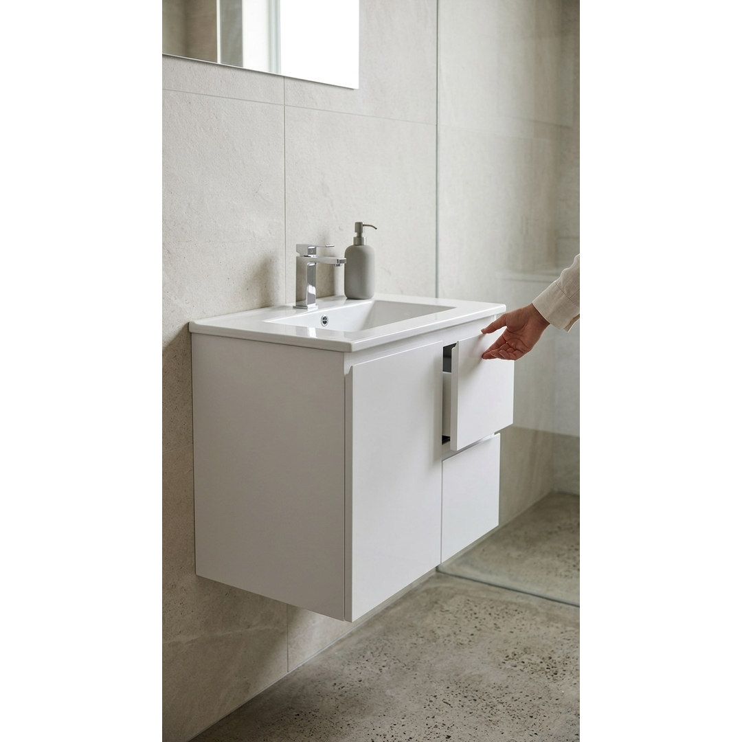 Aspire Unity II 750 Vanity 1 Tap Hole W/Hung C/W Sq Ceramic Top White