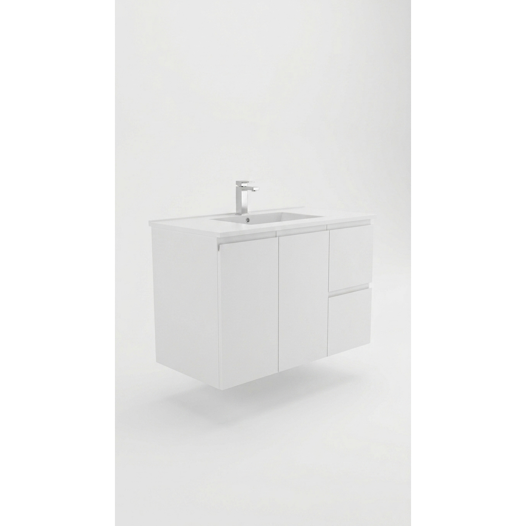 Aspire Unity II 900 Wall Hung Vanity 1 Tap Hole C/Q Sq Ceramic Top White