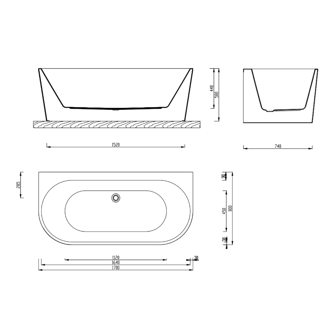 Aspire Urban III 1700mm Acrylic Back To Wall Freestanding Bath No Overflow White 1700 X 800 X 580mm