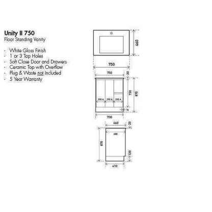 Aspire Unity II 750 Vanity 1 Tap Hole Floor C/W Sq Ceramic Top White