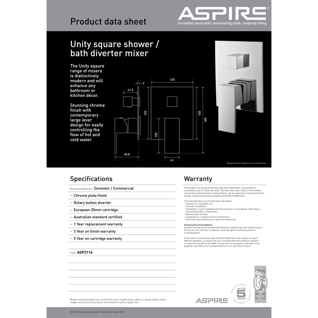 Aspire Unity Square Shower Mixer W/ Diverter Chrome