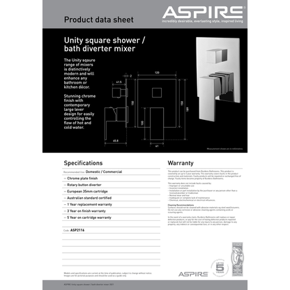 Aspire Unity Square Shower Mixer W/ Diverter Chrome