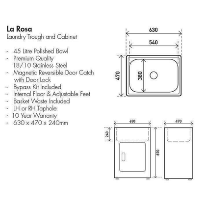 Aspire La Rosa 45 Lt Metal Cabinet And Tub C/W Bypass S/Steel