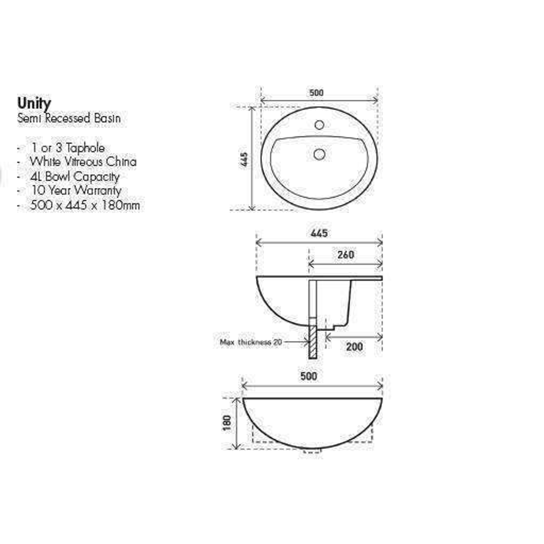 Aspire Unity Semi-Recess Round Basin 500X445 1 Tap Hole White