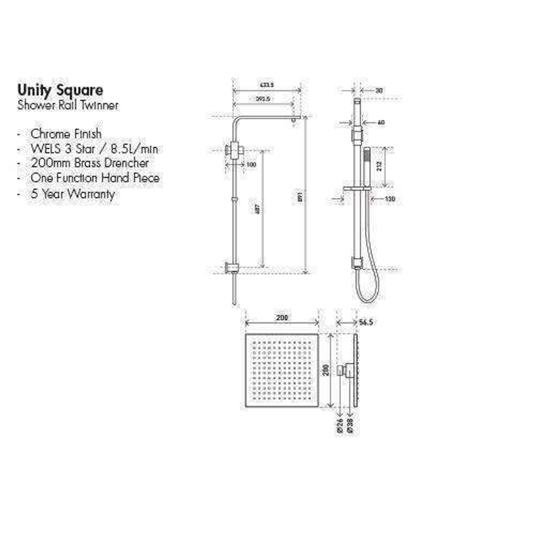 Aspire Unity Rail Shower Twinner Square C/P C/W Shower Head